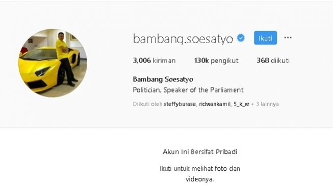 Akun Instagram Bamsoet diprivasi. (Instagram)