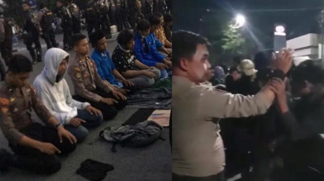 Potret Pendemo dan Polisi di Makassar Sholat Bareng, Netter : Nah Gitu Adem