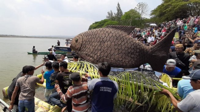 Tradisi Larung Sesaji di Madiun hadirkan tumpeng ikan raksasa seberat 200 kilogram. (Suara.com/Achmad Ali)