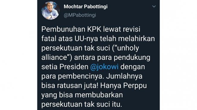 Cuitan peneliti LIPI Mochtar Pabottingi soal KPK.(Twitter)