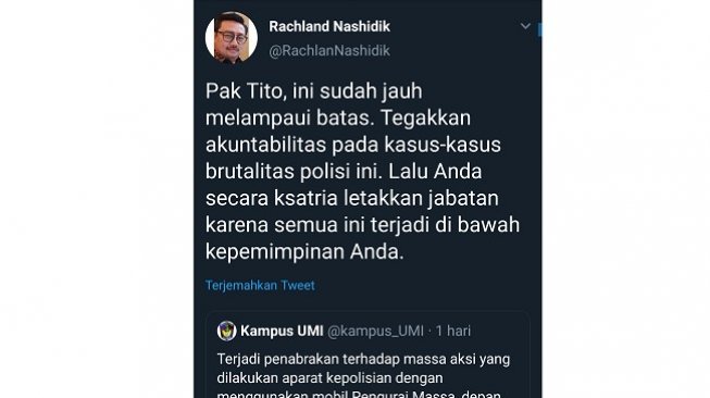 Cuitan Rachland Nashidik minta Kapolri Mundur. (Capture Twitter)