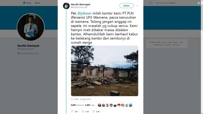 Cuitan karyawan PLN di Wamena - (Twitter/@Naufal_Alamsyah)