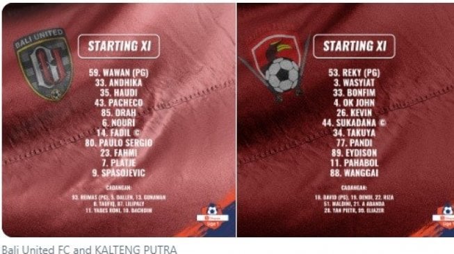  Susunan pemain Bali United vs Kalteng Putra (Twitter@Liga1Match)  