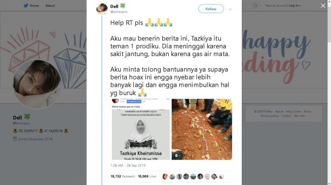 Kalrifikasi hoaks mahasiswa UNJ meninggal karena gas air mata - (Twitter/@eskoupsu)