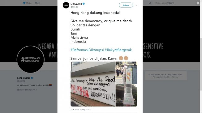 Dukungan untuk aksi massa di Indonesia dari Hong Kong - (Twitter/@Lini_ZQ)