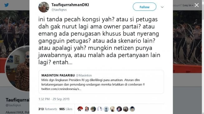 Cuitan Politikus Demokrat Taufiqurrahman - (Twitter/@taufiqrus)