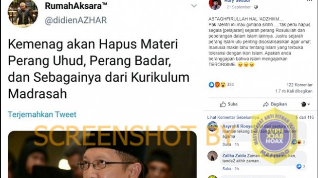 Kemenang disebut akan hapus pelajaran Perang Uhud dan Perang Badar, benarkah?. (Capture Facebook / via Turnbackhoax.id)