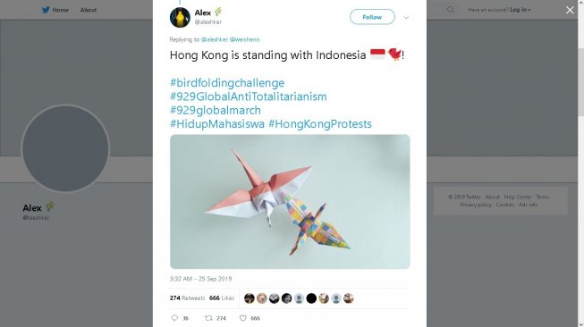 Dukungan untuk aksi massa di Indonesia dari Hong Kong - (Twitter/@alexhker)