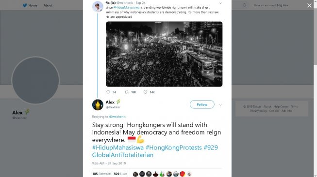 Dukungan untuk aksi massa di Indonesia dari Hong Kong - (Twitter/@alexhker)