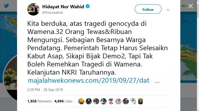 Cuitan Hidayat Nur Wahid - (Twitter/@hnurwahid)