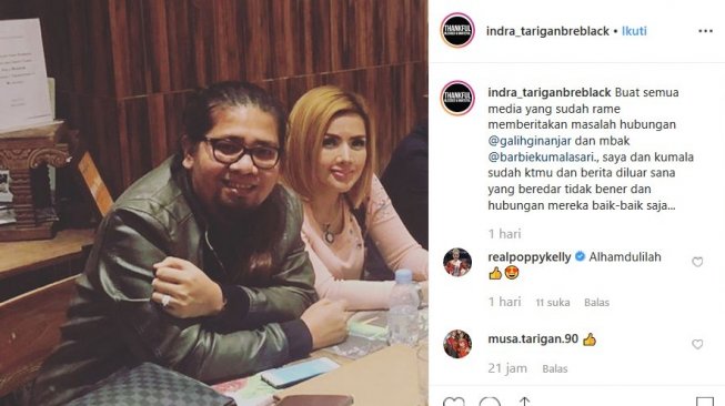 Indra Tarigan membantah kalau Barbie Kumalasari sudah cerai dari Galih Ginanjar. [Instagram]