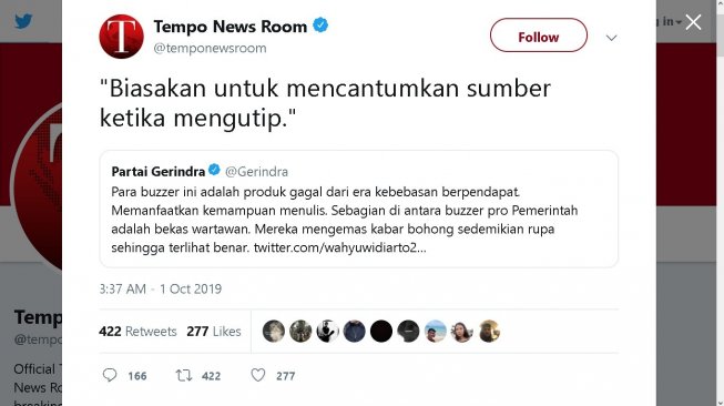 Akun Tempo News Room menegur Partai Gerindra - (Twitter/@temponewsroom)