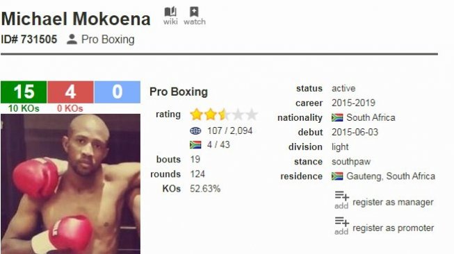 Screenshot petinju Afrika Selatan, Michael Mokoena. [Laman resmi BoxRec]