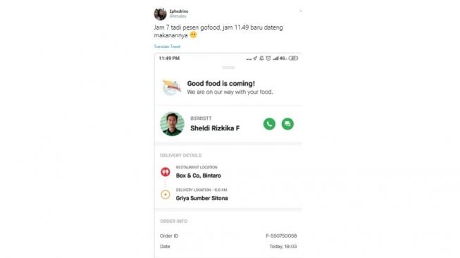 Kisah driver ojol yang mengantakan makanan. [Twitter]