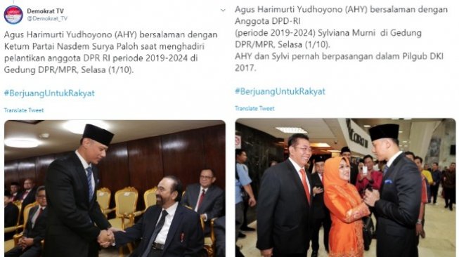 AHY bersalaman dengan Surya Paloh dan Sylviana Murni, tapi tidak ada foto jabat tangannya dengan Megawati (twitter @Demokrat_TV)