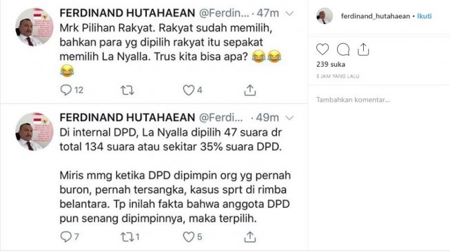 Ferdinand Hutahaean merasa miris ketika DPD dipimpin oleh La Nyalla. (instagram/@ferdinand_hutahaean)