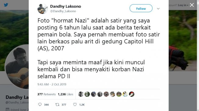 Klarifikasi Dandhy Laksono soal foto lawasnya berpose hormat Nazi - (Twitter/@Dandhy_Laksono)