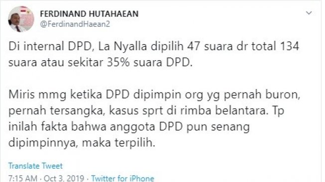 Politikus Partai Demokrat Ferdinand Hutahaean menyinggung terpilihnya La Nyalla Mattalitti menjadi Ketua DPD RI. (twitter @FerdinandHaean2)