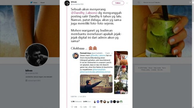 Permadi Arya diserang balik setelah menuding Dandhy Laksono pro-Nazi - (Twitter @sandalista1789)