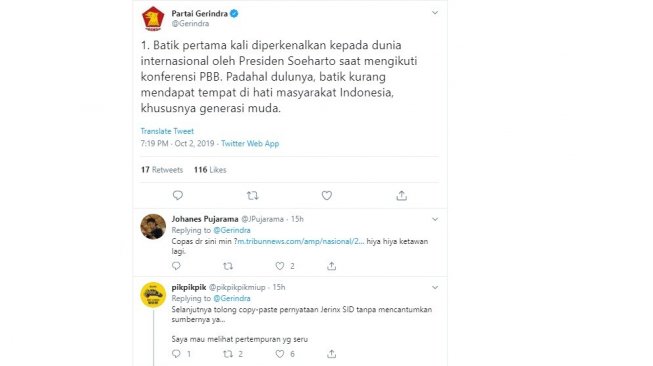 Cuitan akun Twitter resmi Partai Gerindra tentang batik dianggap plagiat (twitter @Gerindra)