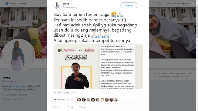 Diduga Dikejar Begal, Mahasiswa UMY Meninggal Kecelakaan Tunggal