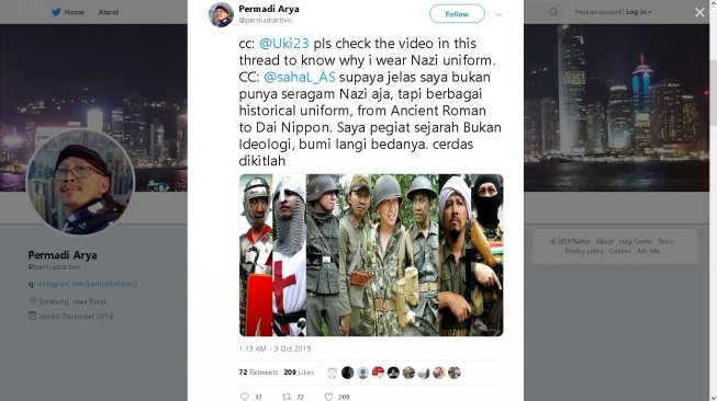 Klarifikasi Permadi Arya soal fotonya berseragam militer Nazi - (Twitter/@permadiaktivis)