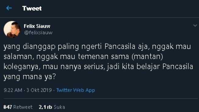 Twit Pancasila Ustaz Felix Siauw, Dibalas Telak Ferdinand