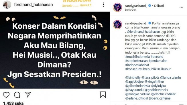 Sandy Pas Band memposting unggahan Ferdinand Hutahaean yang mengkritisi Konser Musik untuk Negeri. [Instagram]