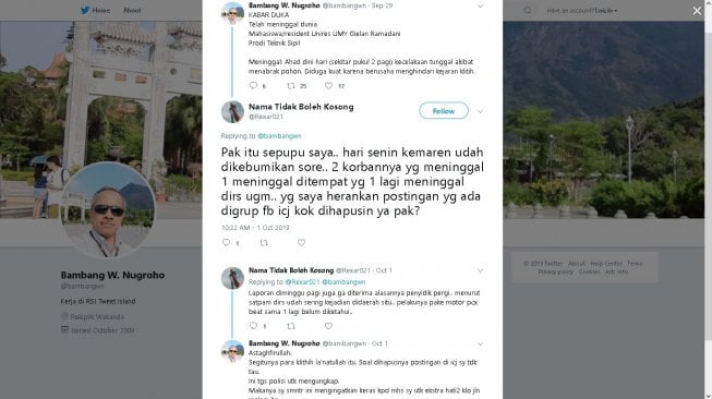 Mahasiswa UMY meninggal dikejar begal - (Twitter/@Rexar021)