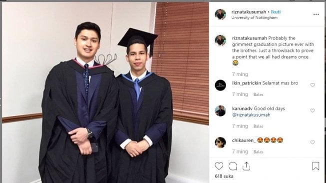 Rizki Aulia Rahman Natakusumah menempuh jenjang pendidikan S1 dan S2 di University of Nottingham Inggris. (instagram/@riznatakusumah)