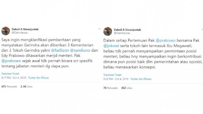 Dahnil Anzar Simanjuntak, Juru Bicara Ketua Umum Partai Gerindra Prabowo Subianto memberikan klarifikasi terkait kabar Gerindra minta jatah 3 menteri kabinet Presiden Jokowi. (twitter @Dahnilanzar)