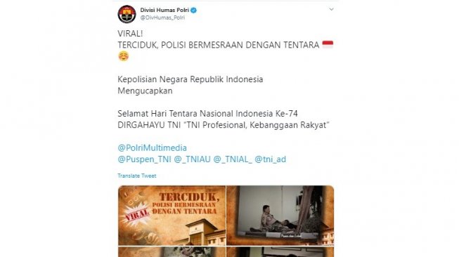 TNI yang merayakan Hari Ulang Tahun (HUT) ke-74 pada Sabtu (5/10/2019) mendapat ucapan dari Polri. (twitter @DivHumas_Polri)