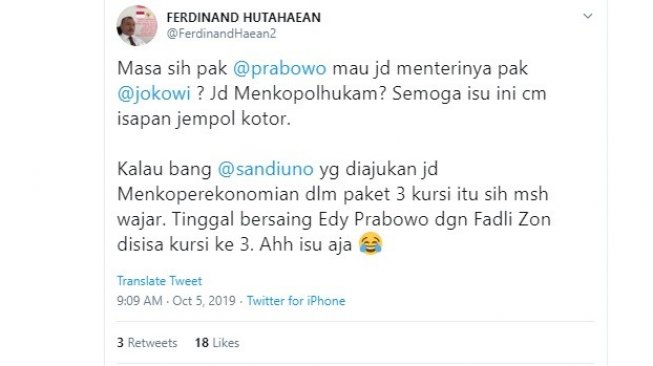 Cuitan politikus Partai Demokrat Ferdinand Hutahaean terkait isu Gerindra minta jatah 3 menteri kabinet Jokowi. (Twitter @FerdinandHaean2)