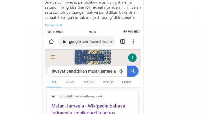 Warganet mencari riwayat pendidikan Mulan Jameela, diunggah pada Rabu (2/10/2019). (twitter @tioooooot)