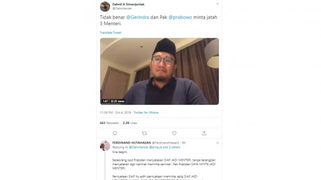 Politikus Partai Demokrat Ferdinand Hutahaean mengomentari klarifikasi Partai Gerindra soal isu minta jatah 3 menteri (twitter @dahnilanzar)