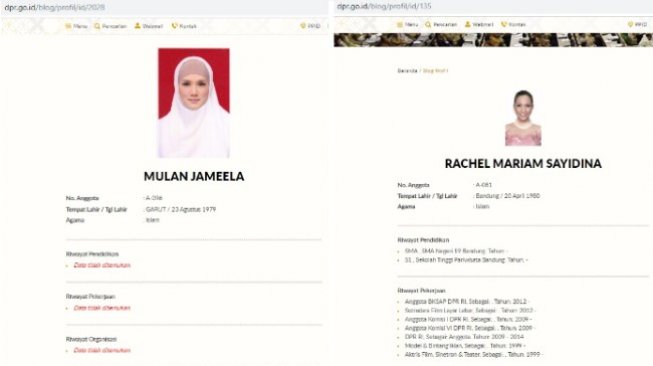 Riwayat pendidikan Mulan Jameela di situs resmi DPR menjadi sorotan, berbeda dengan Rachel Mariam. (dpr.go.id)