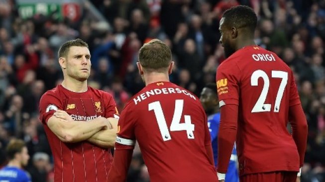 Pemain Liverpool James Milner rayakan gol ke gawang Leicester dalam pertandingan Liga Inggris pekan ke-8 yang berlangsung di Anfield, Sabtu (5/10/2019) [AFP]