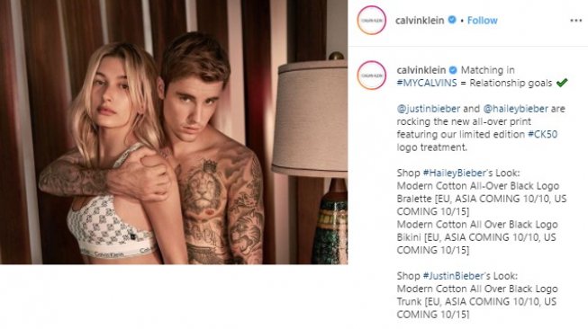 Justin Bieber dan Hailey Baldwin di iklan Calvin Klein. (Instagram/@calvinklein)