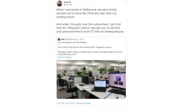 Cuitan Aruni yang diunggah pada Kamis (3/10/2019) tentang jam kerja orang Australia menjadi viral di Twitter. (twitter @aruni_93)