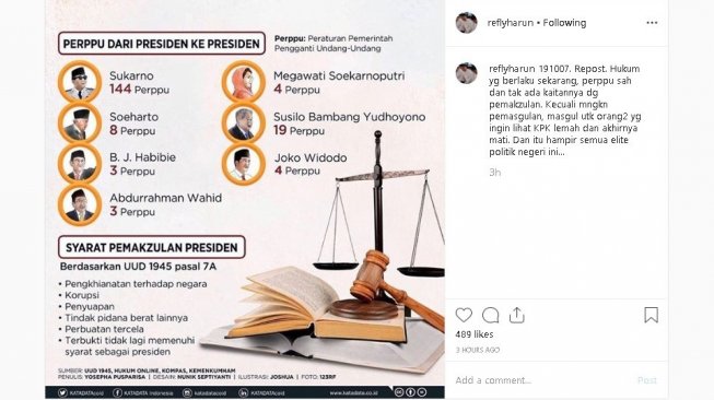 Unggahan Refly Harun - (Instagram/@reflyharun)