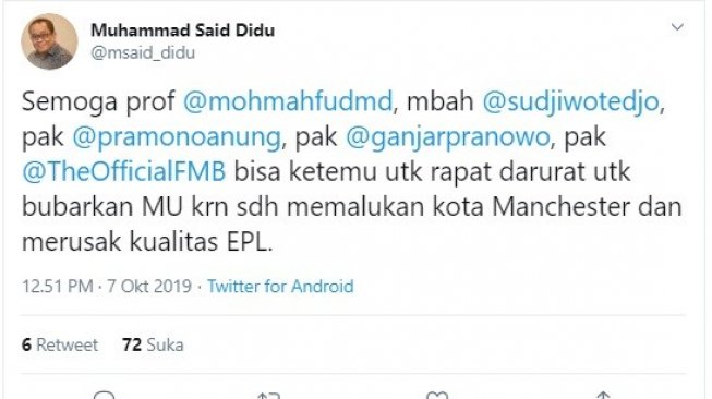 Tangkapan layar tweet Mantan Staff Khusus Menteri ESDM, M Said Didu atas kekalahan Manchester United oleh Newcastle pada gelaran Liga Primer Inggris 2019/20, Minggu (6/10/2019). (Twitter/@msaid_didu)