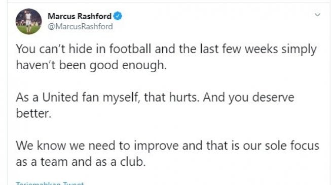 Tangkapan layar pernyataan Marcus Rashford terkait hasil mengecewakan Manchester United di awal musim 2019/20. (Twitter/@MarcusRashford)