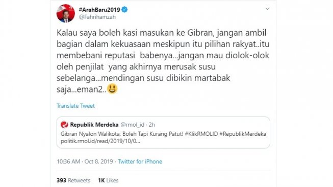 Mantan Wakil Ketua DPR RI Fahri Hamzah tidak setuju jika Gibran Rakabuming Raka, putra Presiden Joko Widodo masuk dunia politik. (Twitter @Fahrihamzah)