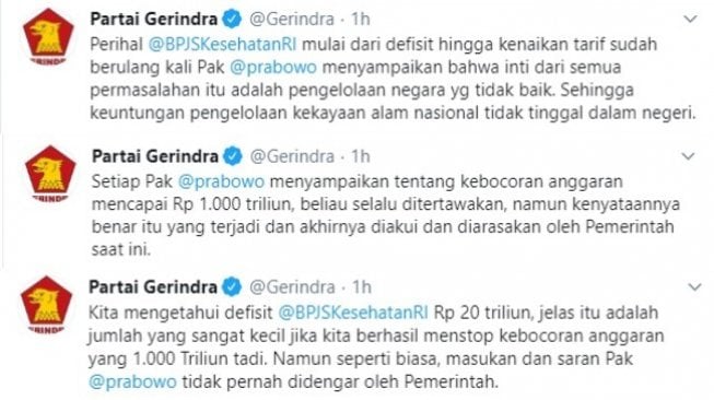 Gerindra menyinggung soal defisit dan kenaikan tarif BPJS Kesehatan saat ditanya terkait perannya membela rakyat. (twitter @Gerindra)