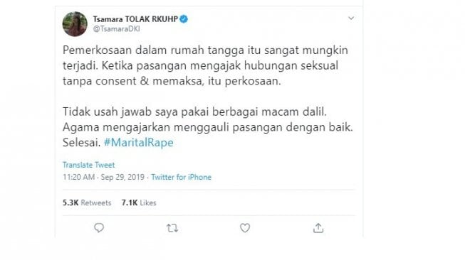 Cuitan Tsamara Amany tentang pemerkosaan dalam rumah tangga yang diunggah pada Minggu (29/9/2019). (twitter @TsamaraDKI)