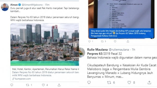 Komentar warganet tentang Perpres Nomor 63 Tahun 201. (twitter @AimanWitjaksono, @andimadhyaksa @ruliemaulana)