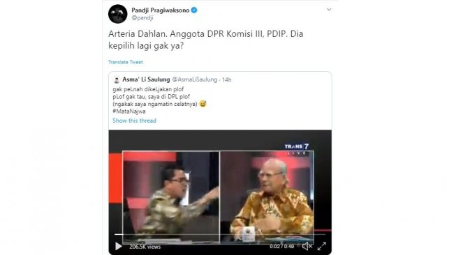 Cuitan Pandji Pragiwaksono Tanggapi Sikap Arteria Dahlan. (twitter @pandji)
