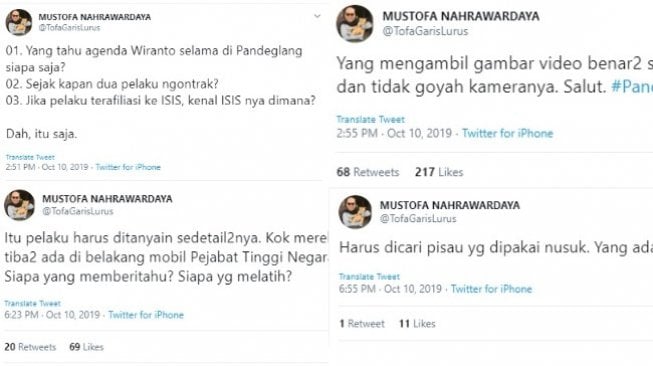 Cuitan Mustofa Nahrawardaya, Koordinator Relaman IT BPN terkait penusukan Wiranto (twitter @TofaGarisLurus)