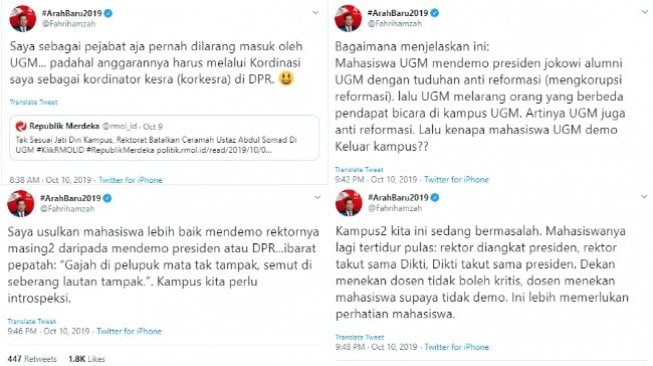 Kritik Fahri Hamzah terkait penolakan Ustaz Abdul Somad oleh UGM (twitter @Fahrihamzah)