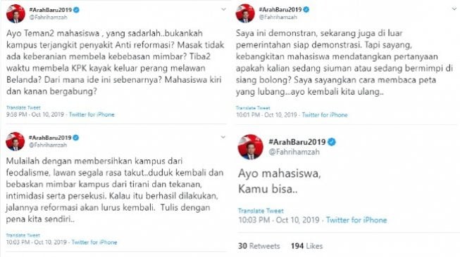 Fahri Hamzah mengusulkan mahasiswa lebih baik demo kepada rektor daripada ke presiden atau DPR. (twitter @Fahrihamzah)